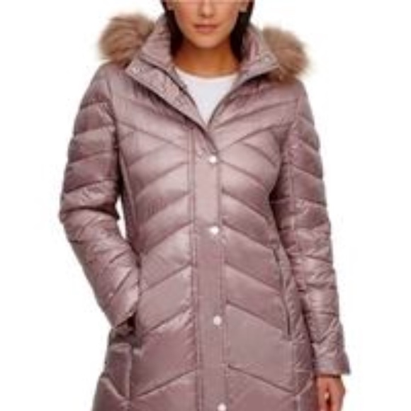 Kenneth Cole Brown Coat with Faux Fur Hood - Picture 1 of 5